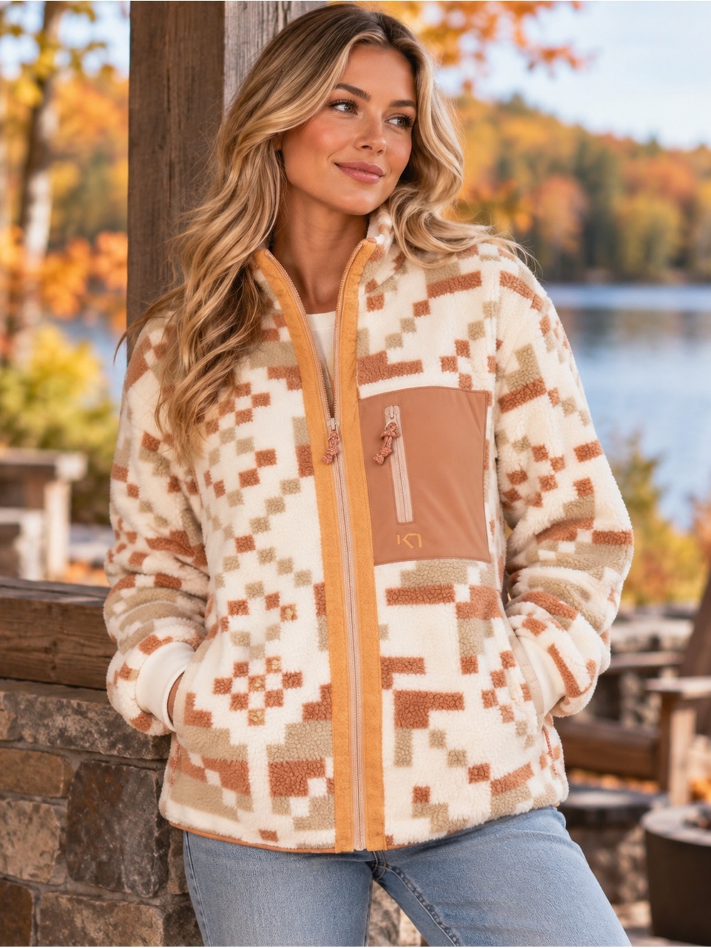 Kari Traa Ane Pile XS Jacket - Women's
Cozy Geo-Print Fleece in Cream & Tan